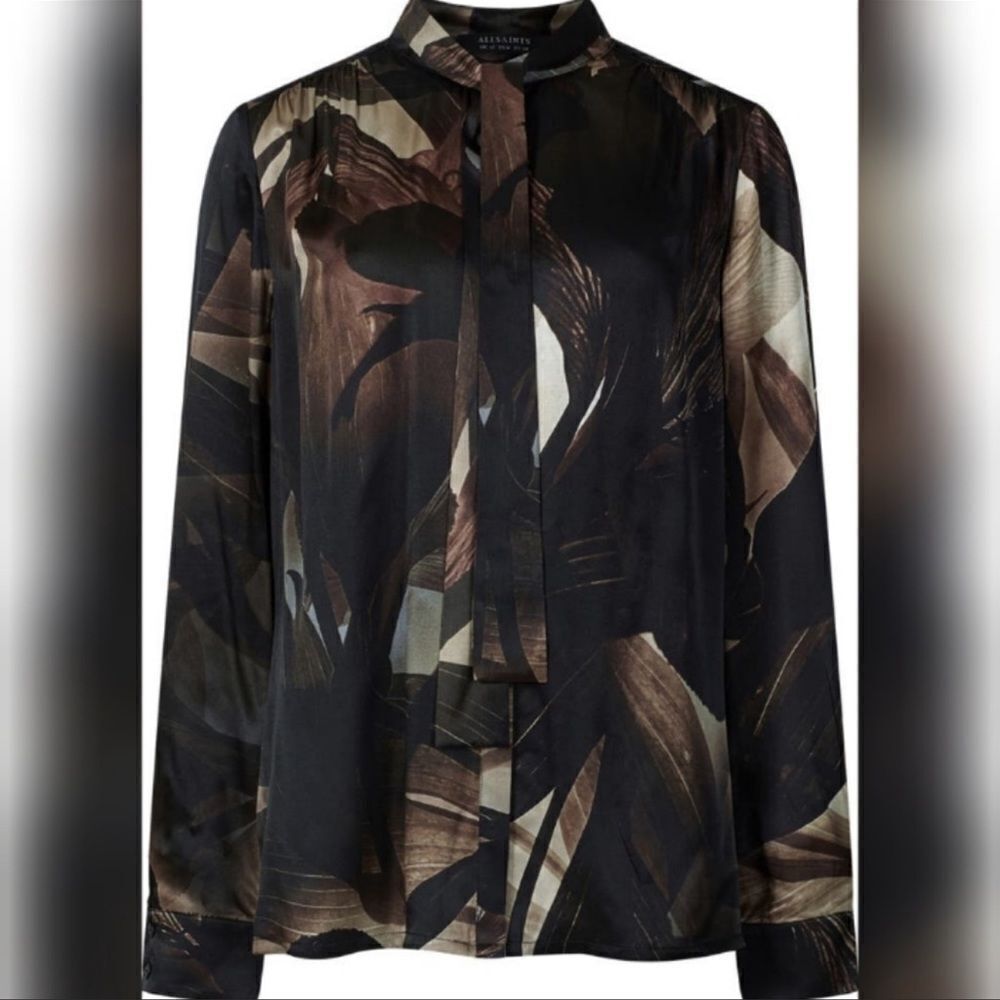 All Saints Black Satin Abstract Floral Tie-Neck Blouse with Bronze Accents - Picture 5 of 16